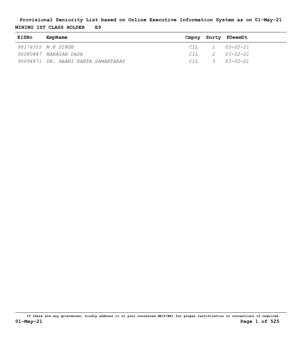 E9 MINING IST CLASS HOLDER Provisional Seniority List Based on Online Executive Information System As on 01-May-21 Eisno Empname