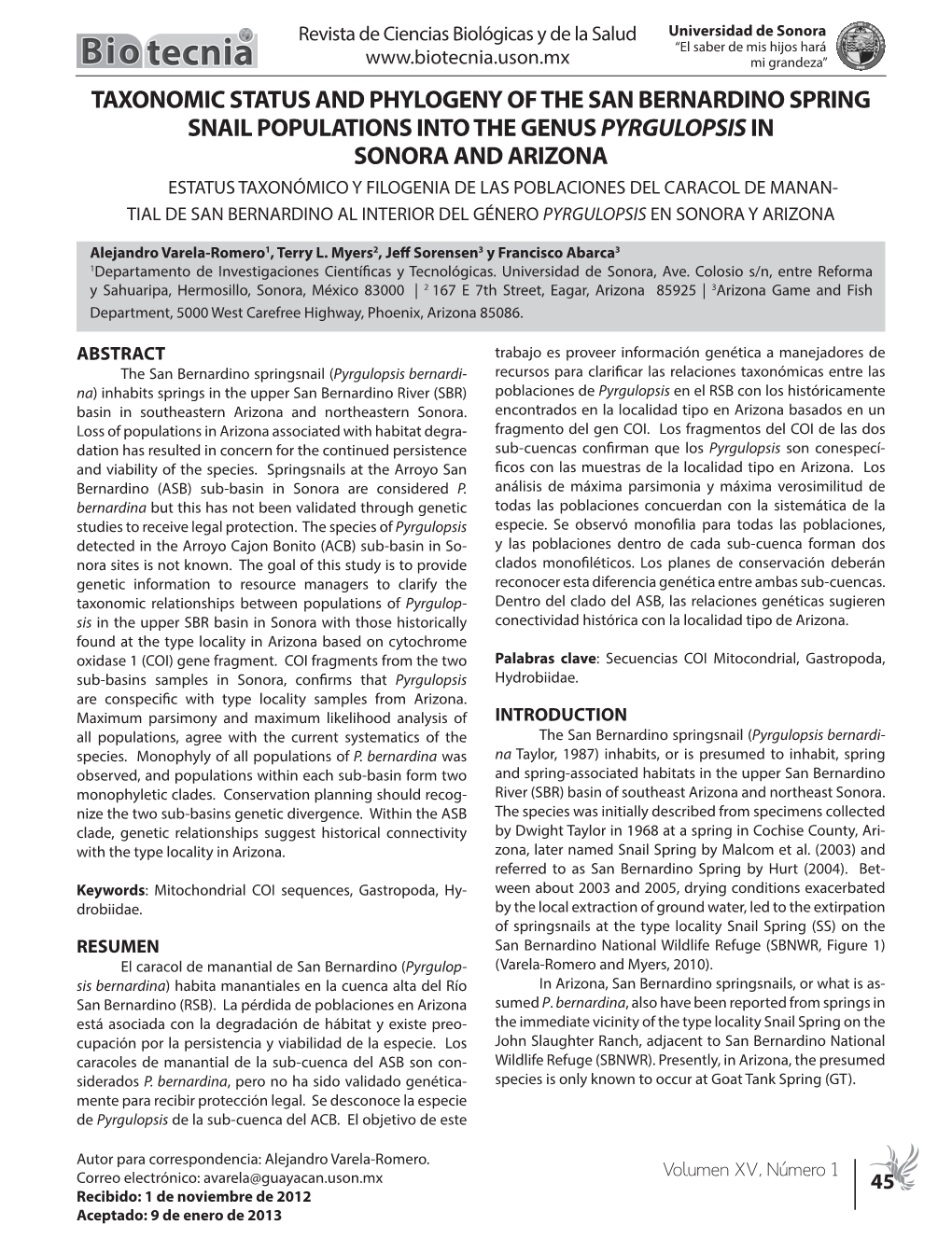 Taxonomic Status and Phylogeny of the San Bernardino Spring Snail Populations Into the Genus Pyrgulopsisin Sonora and Arizona