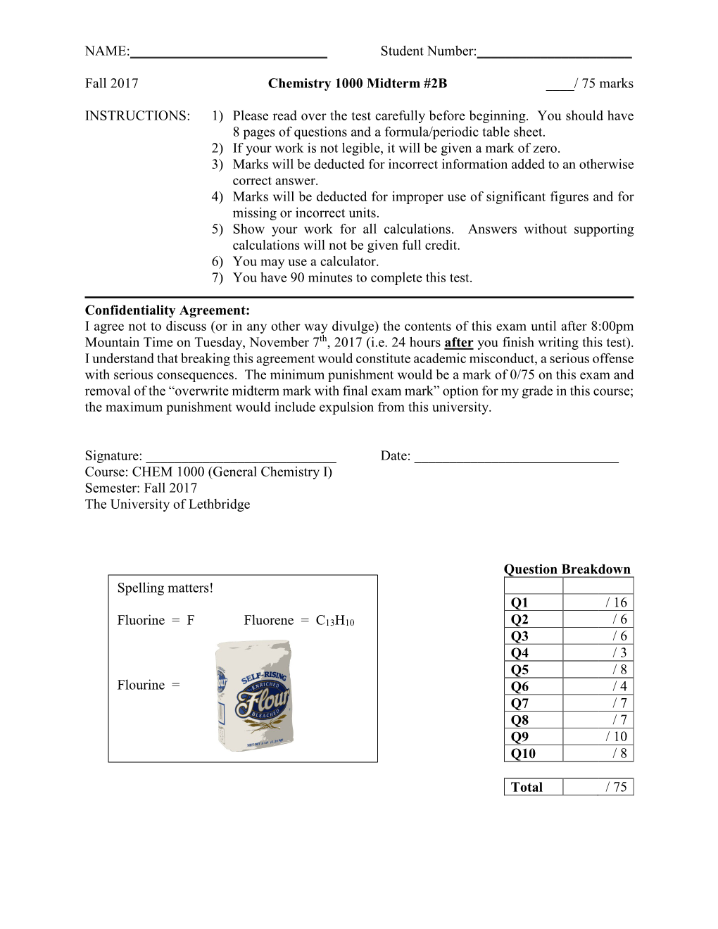 Chemistry 2100 In-Class Test 1(A)