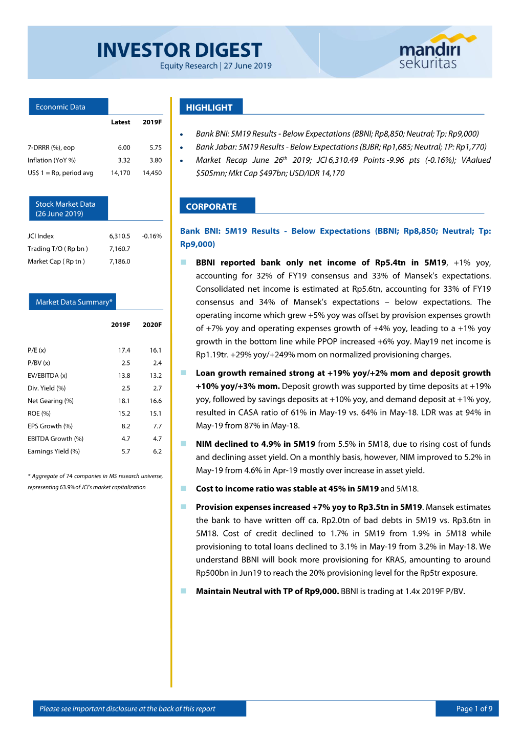 INVESTOR DIGEST Equity Research | 27 June 2019