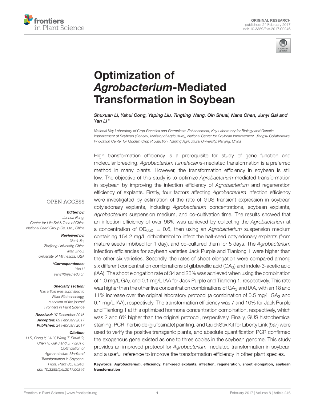 Optimization of Agrobacterium-Mediated Transformation in Soybean