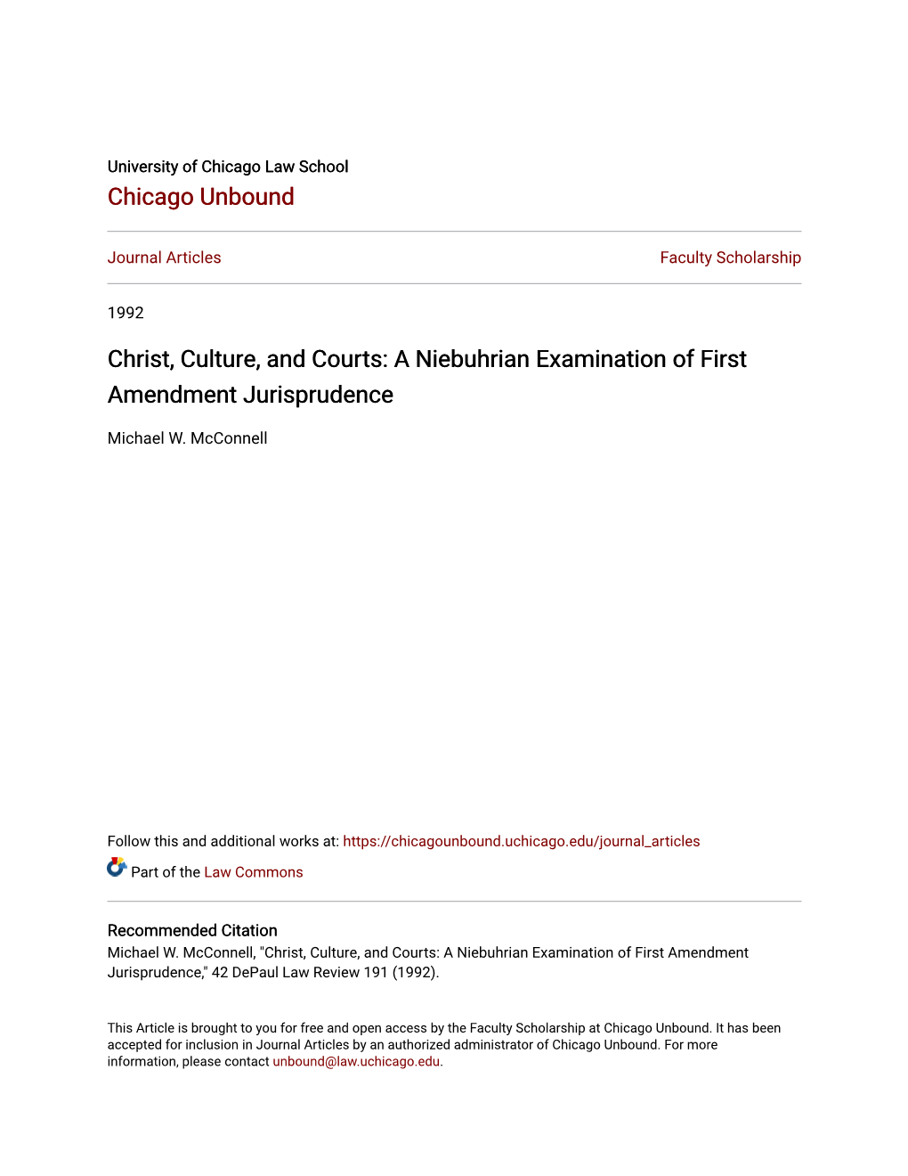 Christ, Culture, and Courts: a Niebuhrian Examination of First Amendment Jurisprudence