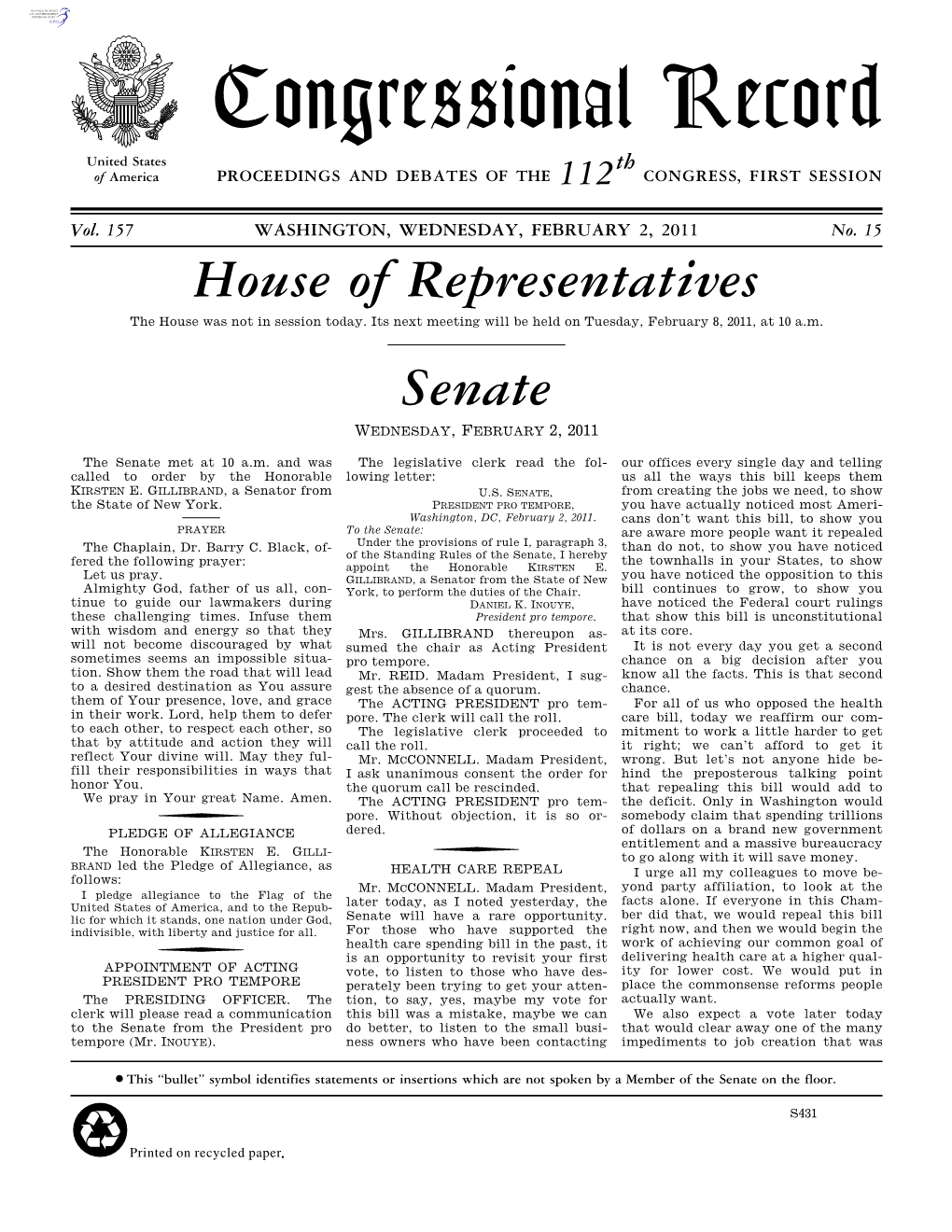 Congressional Record United States Th of America PROCEEDINGS and DEBATES of the 112 CONGRESS, FIRST SESSION