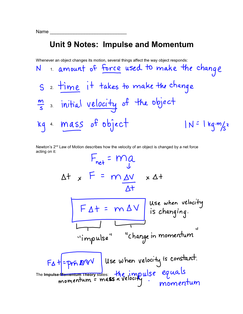 Unit 9 Notes: Impulse and Momentum