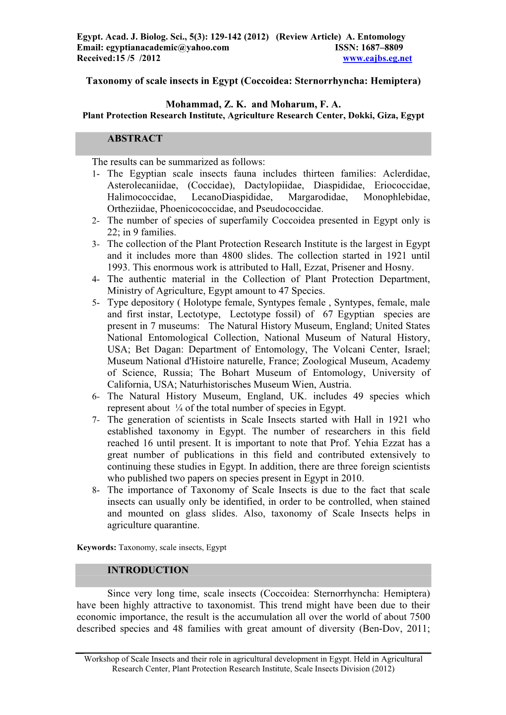 Taxonomy of Scale Insects in Egypt (Coccoidea: Sternorrhyncha: Hemiptera)