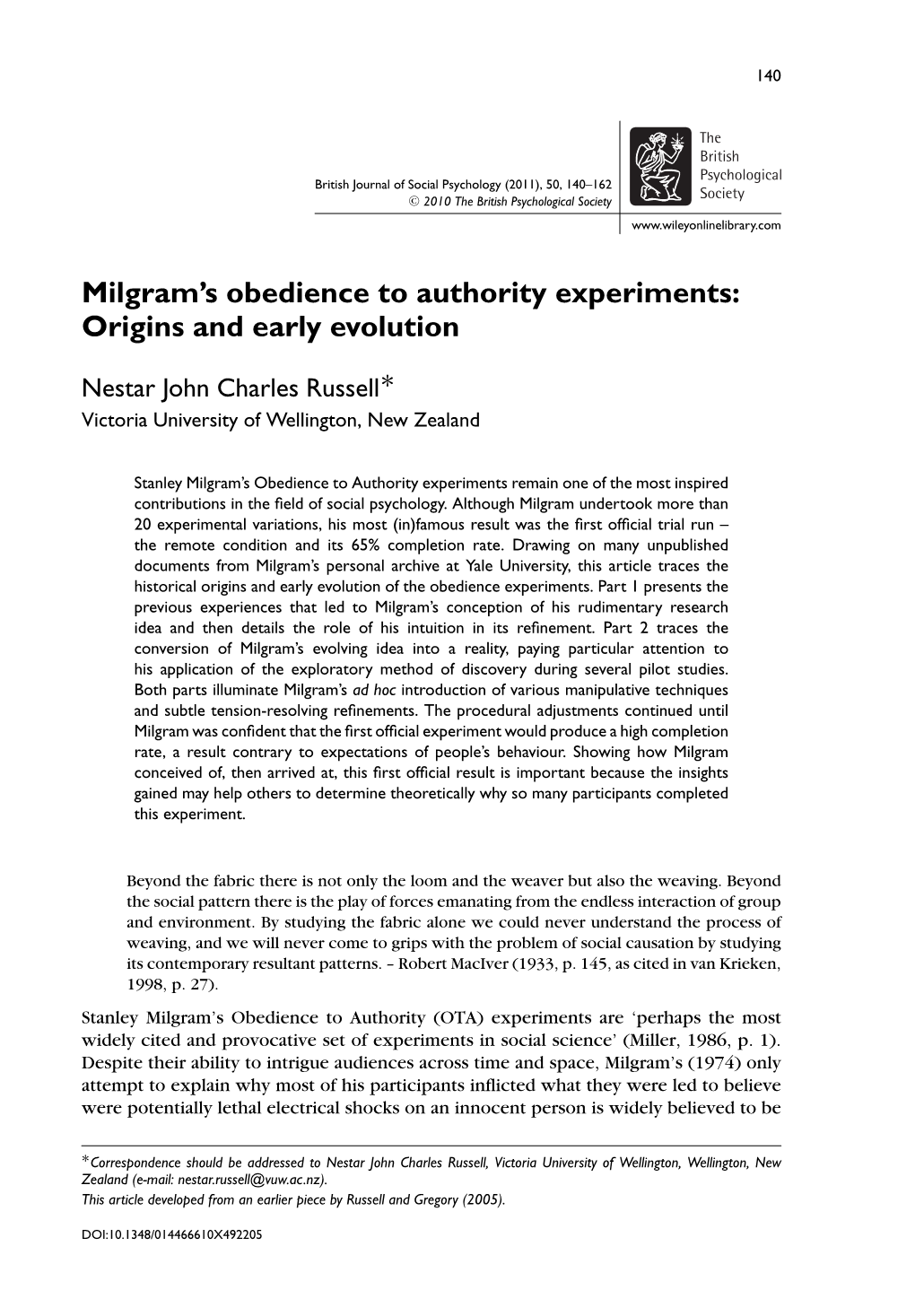 Milgram's Obedience to Authority Experiments: Origins and Early