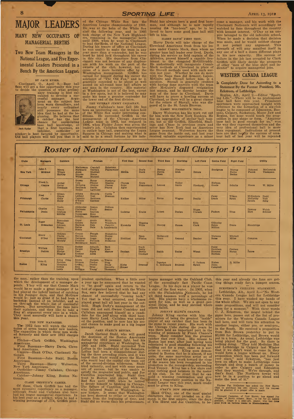 Roster of National League Base Ball Clubs for 1912