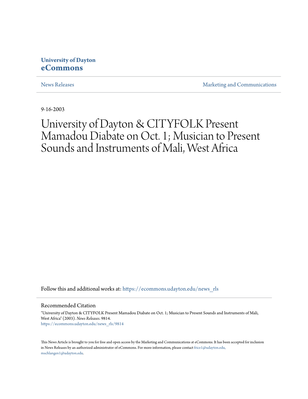 University of Dayton & CITYFOLK Present Mamadou Diabate on Oct. 1