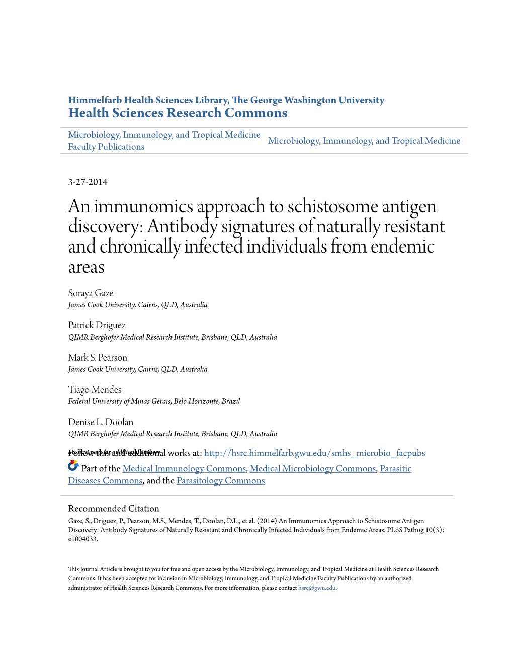 An Immunomics Approach to Schistosome Antigen Discovery