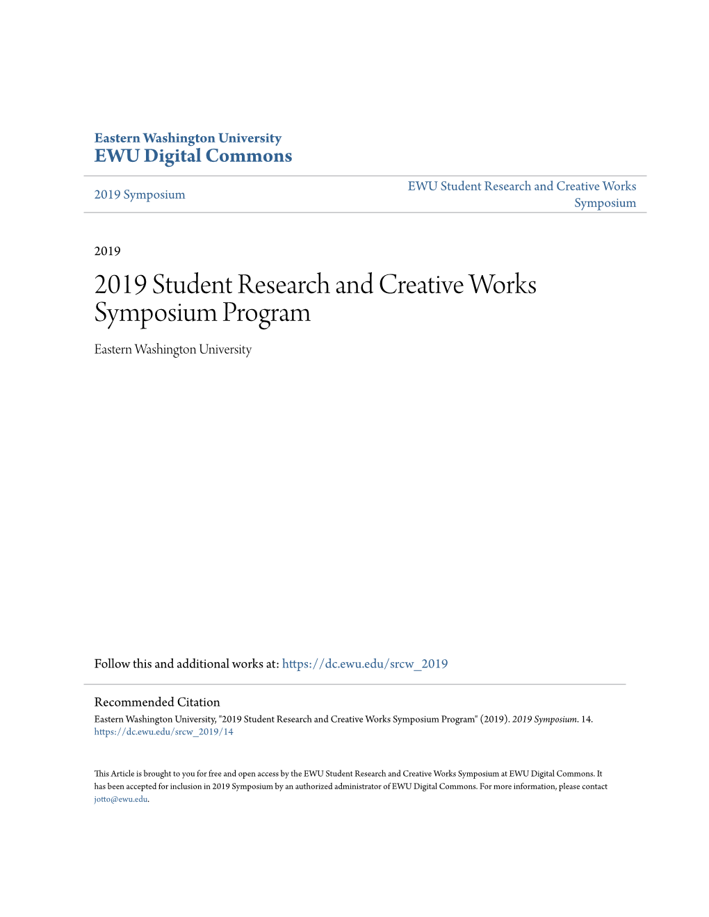 2019 Student Research and Creative Works Symposium Program Eastern Washington University