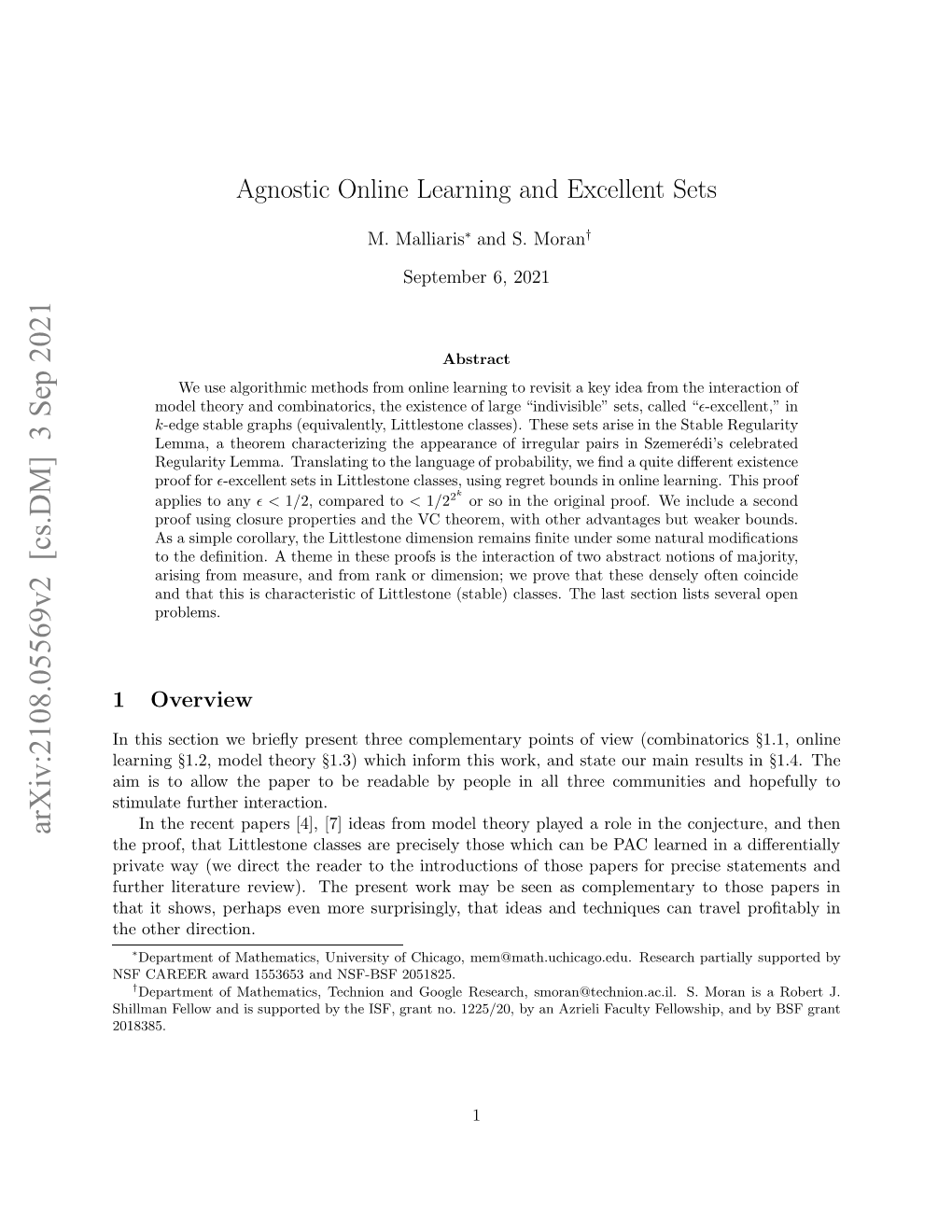 [Cs.DM] 12 Aug 2021 Agnostic Online Learning and Excellent Sets