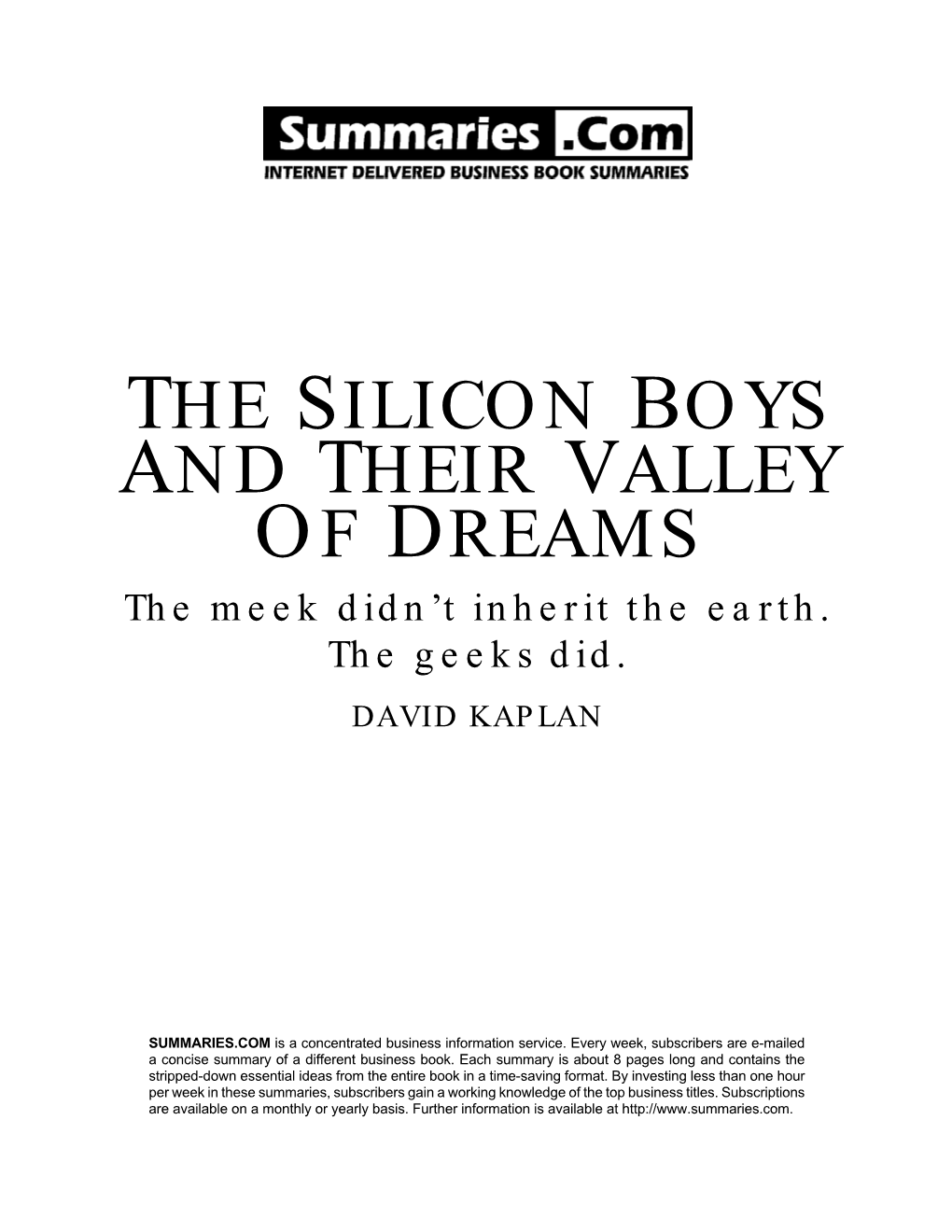 Summary of "The Silicon Boys and Their Valley Of