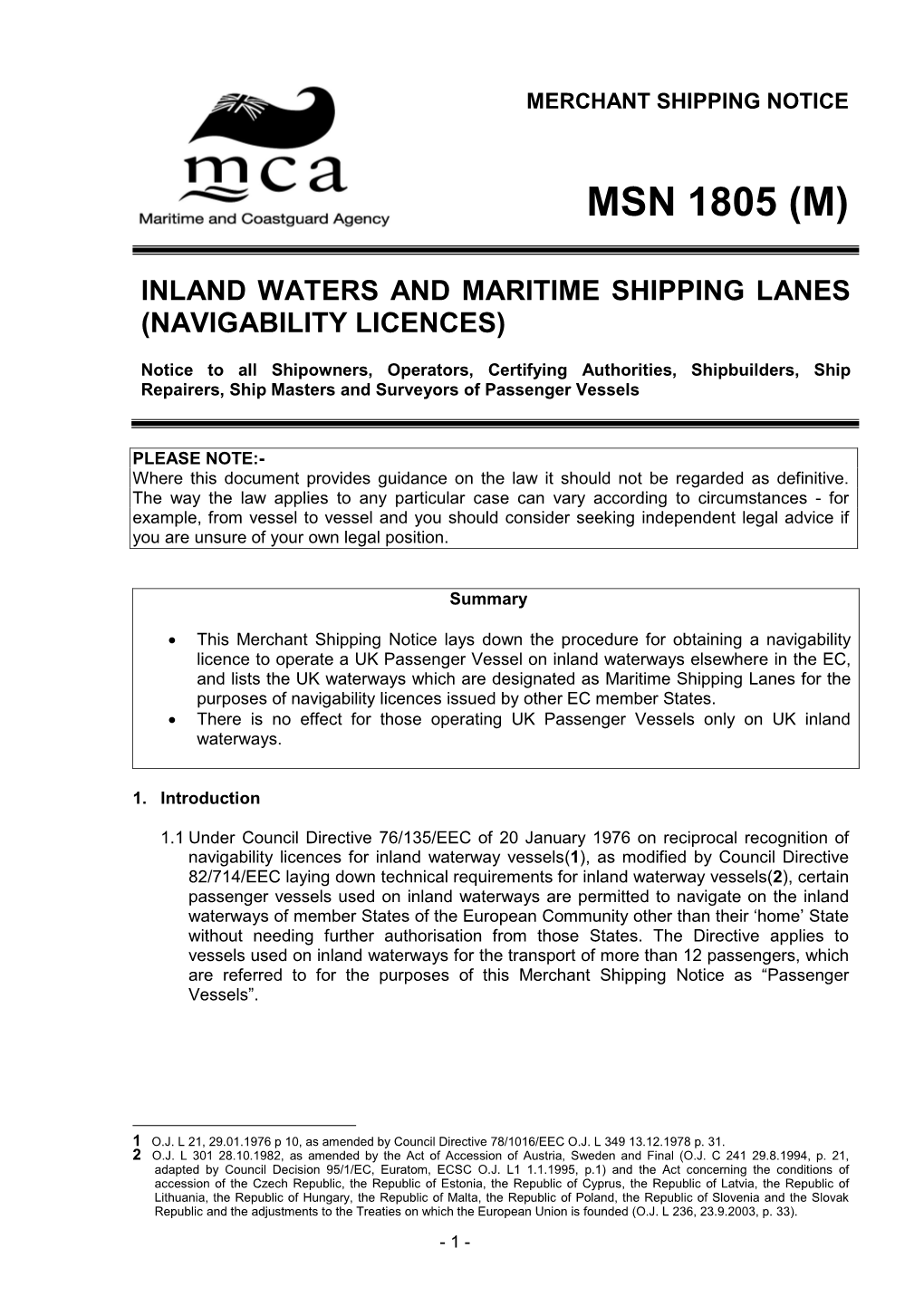 Msn 1805 (M) Inland Waters and Maritime Shipping Lanes