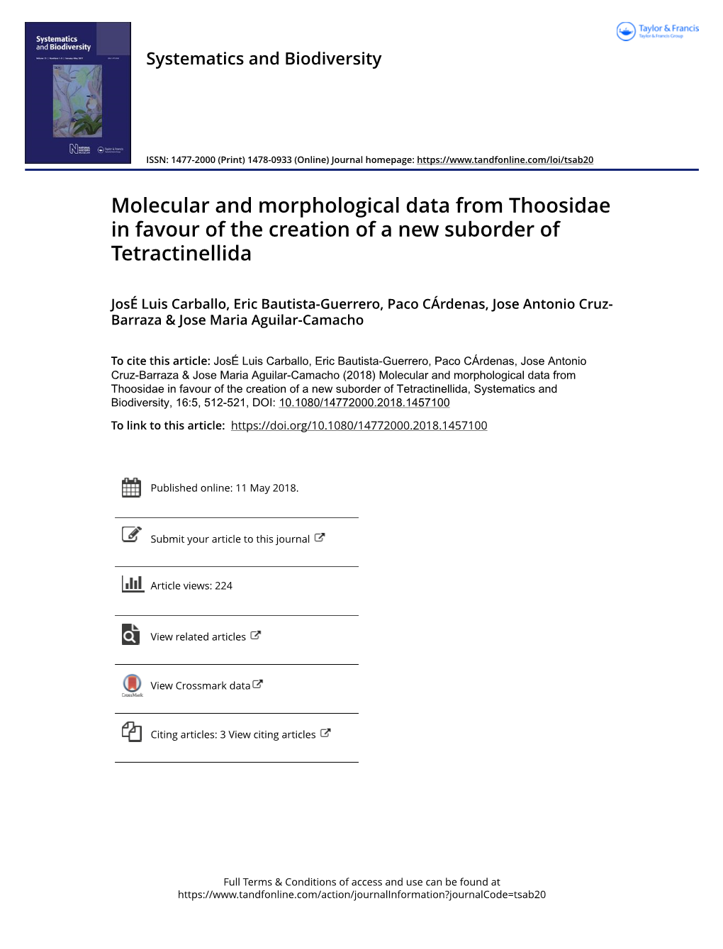 Molecular and Morphological Data from Thoosidae in Favour of the Creation of a New Suborder of Tetractinellida