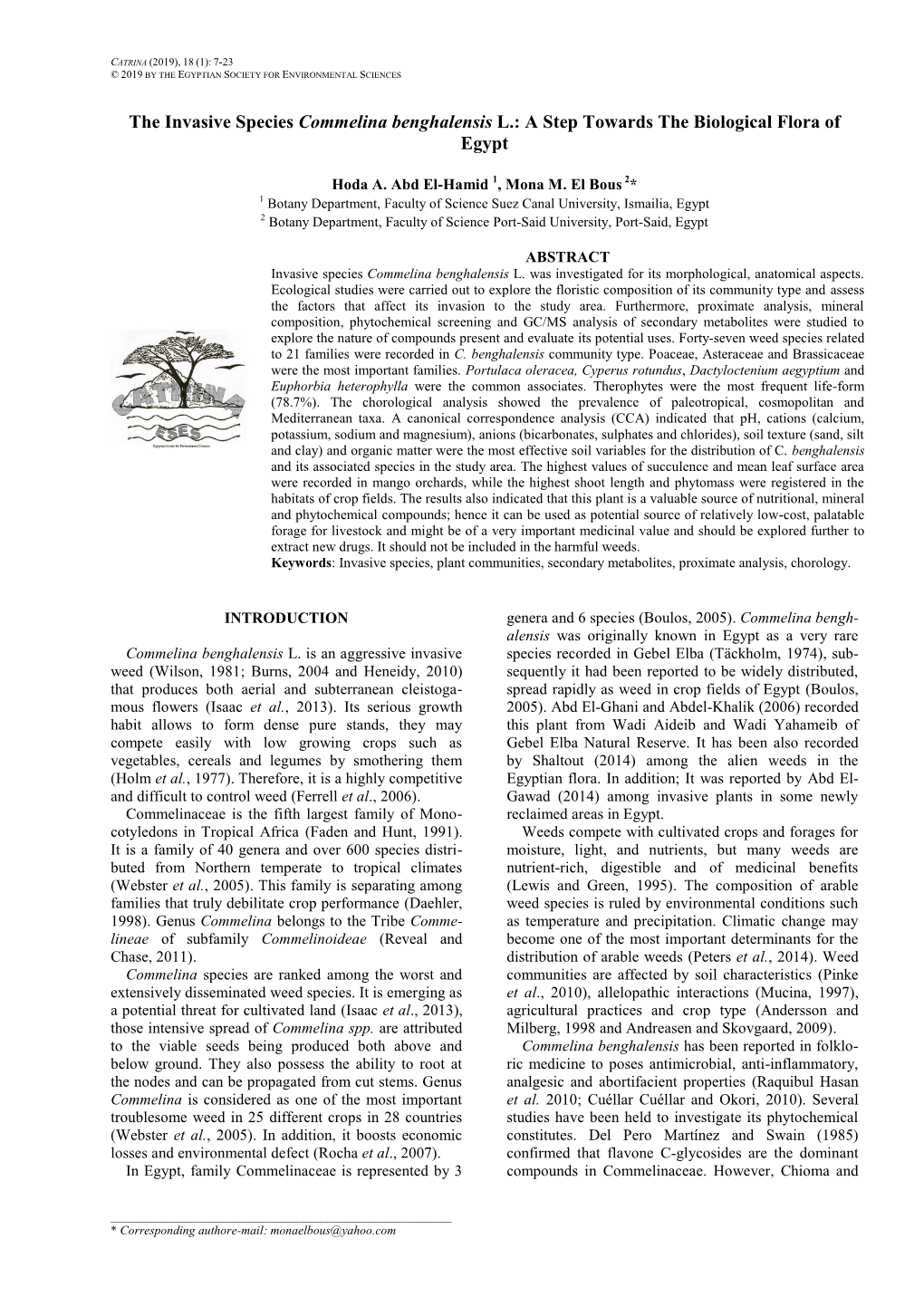 The Invasive Species Commelina Benghalensis L.: a Step Towards the Biological Flora of Egypt