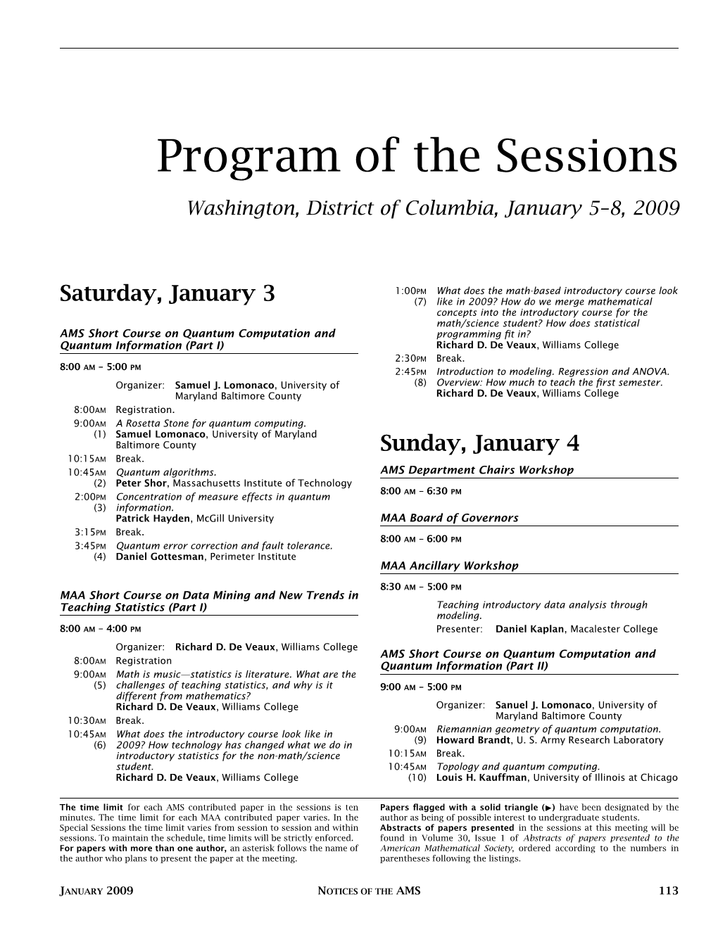 Program of the Sessions, Washington, DC Meeting