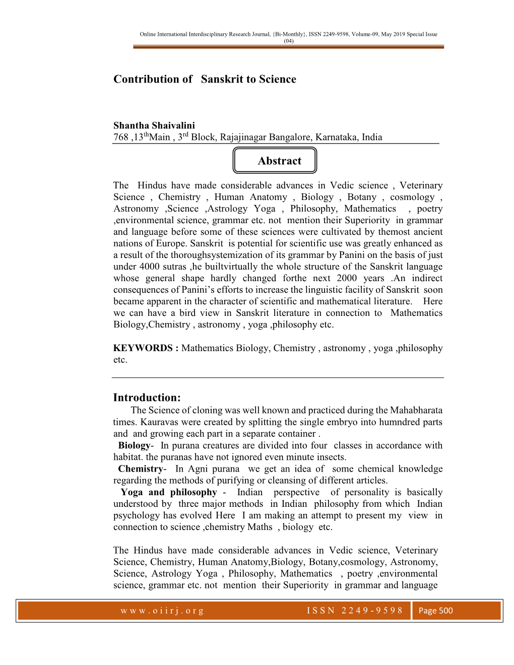 Online International Interdisciplinary Research Journal, {Bi-Monthly}, ISSN 2249-9598, Volume-09, May 2019 Special Issue (04)