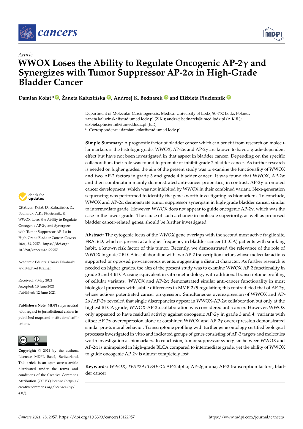 WWOX Loses the Ability to Regulate Oncogenic AP-2Γ and Synergizes with Tumor Suppressor AP-2Α in High-Grade Bladder Cancer