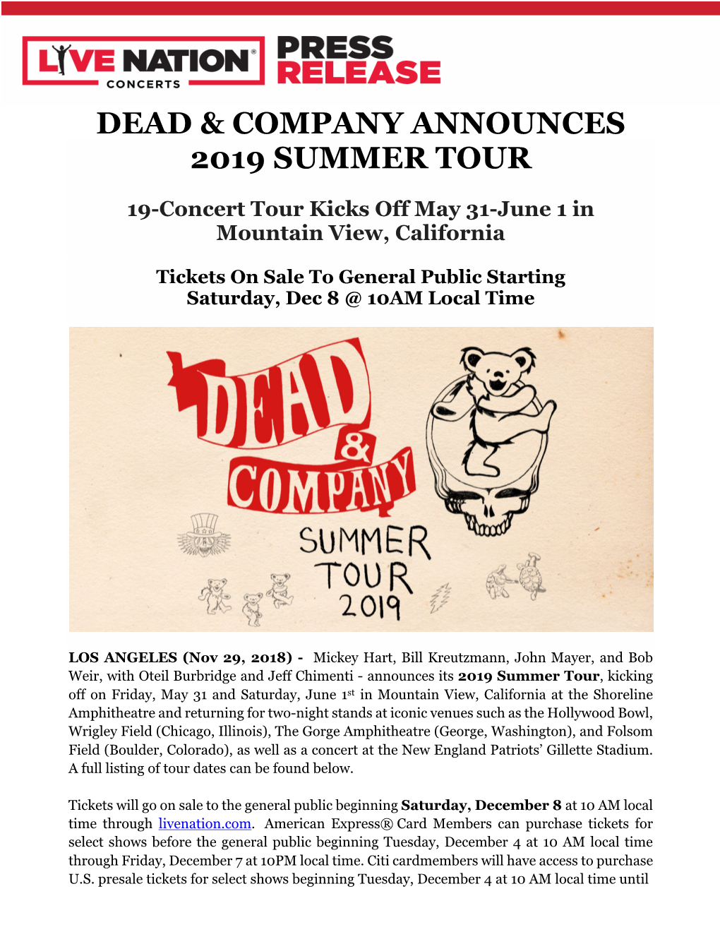 Dead & Company Announces 2019 Summer Tour