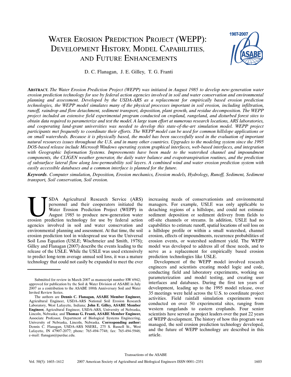 Water Erosion Prediction Project (Wepp): Development History, Model Capabilities, and Future Enhancements