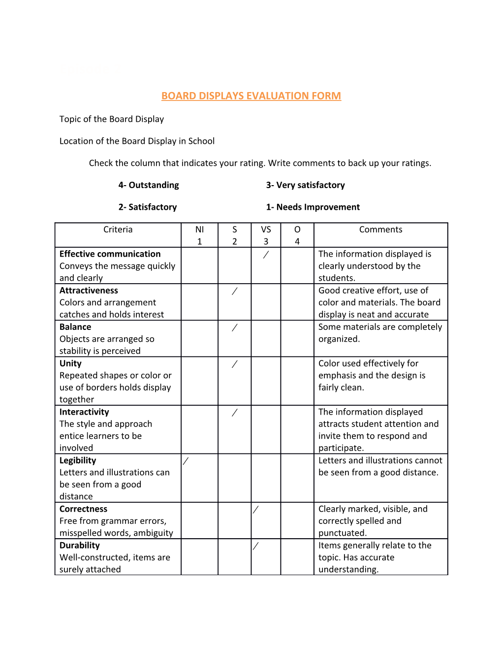 Board Displays Evaluation Form