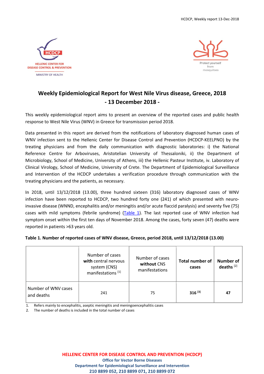 Weekly Epidemiological Report for West Nile Virus Disease, Greece, 2018 - 13 December 2018 - 1