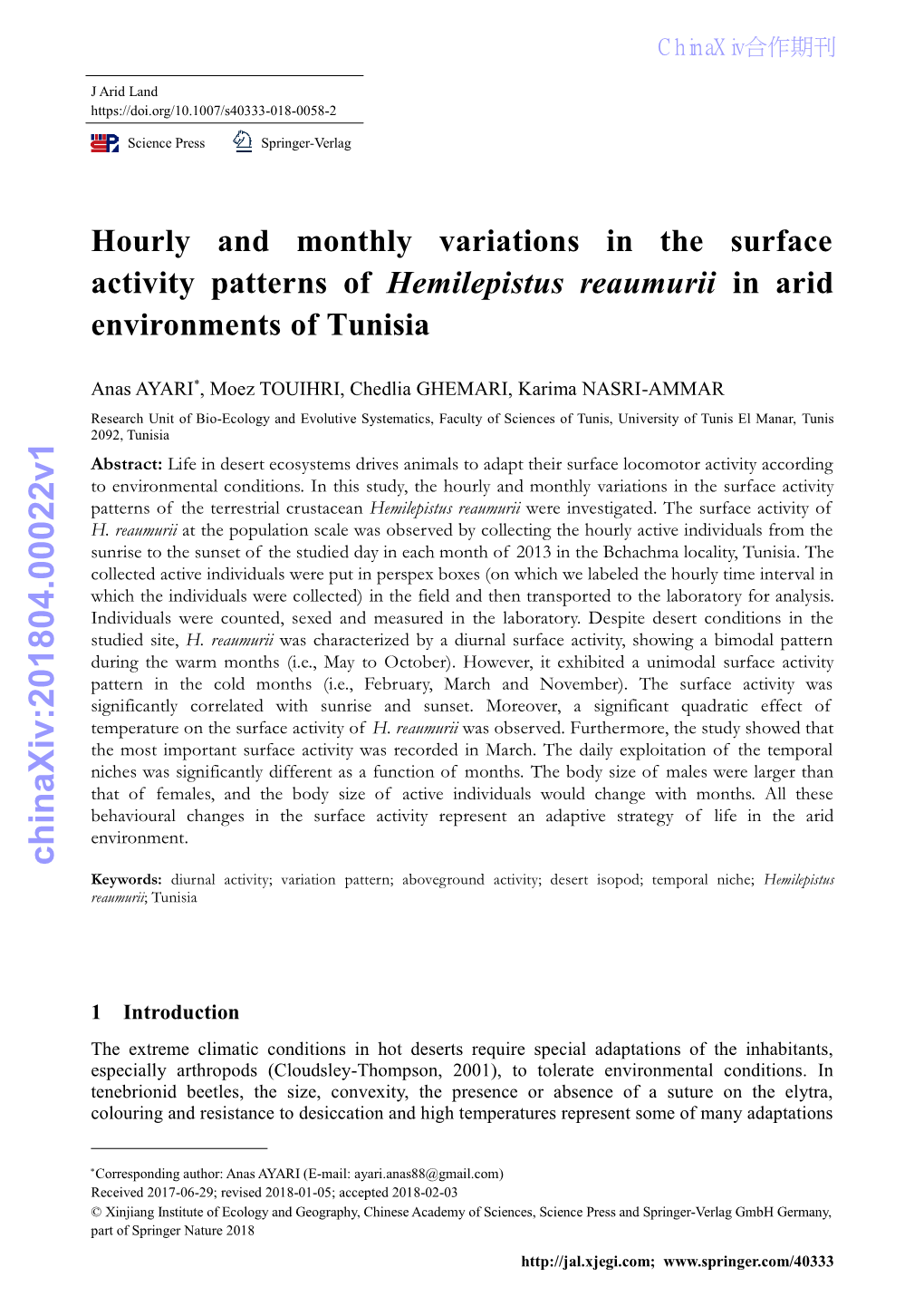 Hourly and Monthly Variations in the Surface Activity Patterns of Hemilepistus Reaumurii in Arid Environments of Tunisia