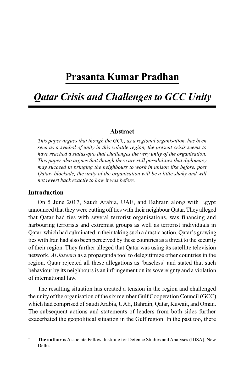 Prasanta Kumar Pradhan Qatar Crisis and Challenges to GCC Unity