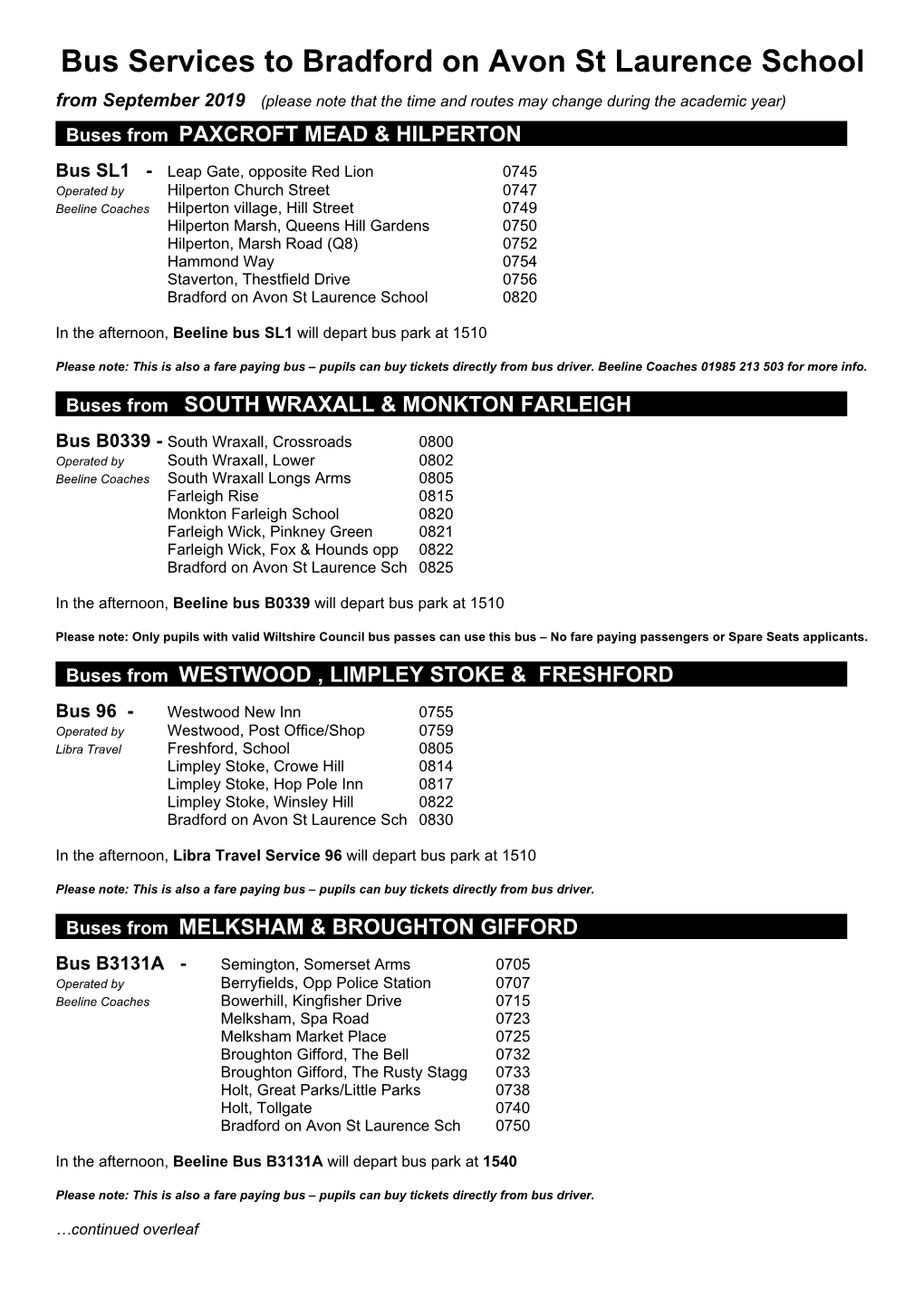 Bus Services to Bradford on Avon St Laurence School from September 2019 (Please Note That the Time and Routes May Change During the Academic Year)