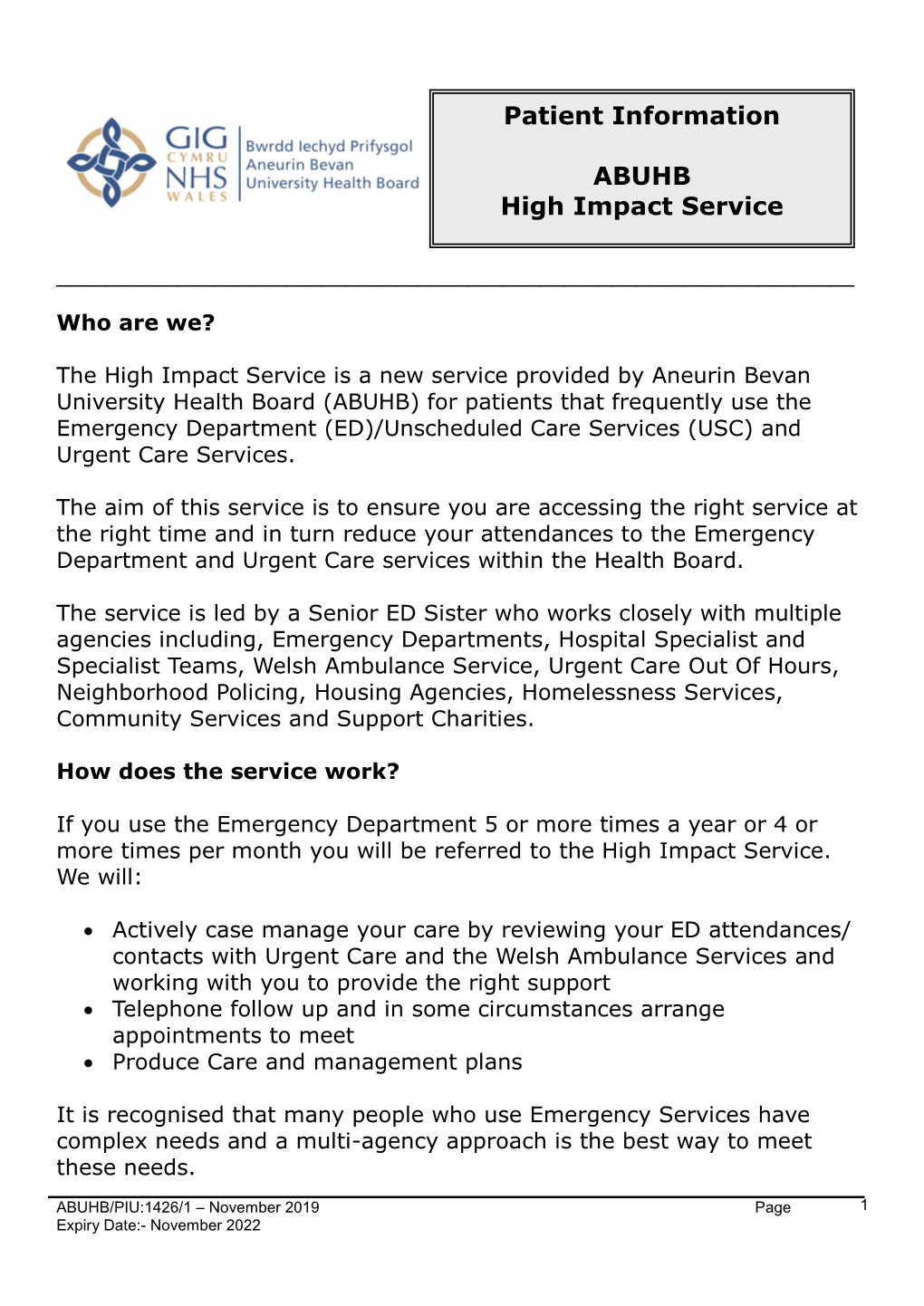 Patient Information ABUHB High Impact Service