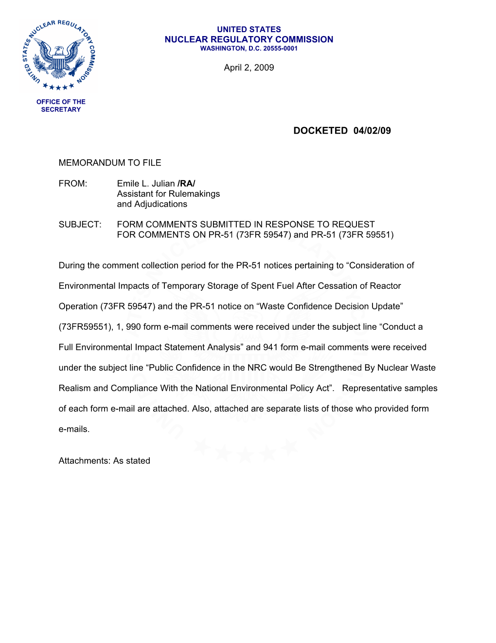 2009/04/02-Memorandum to File from Emile L. Julian on PR 51