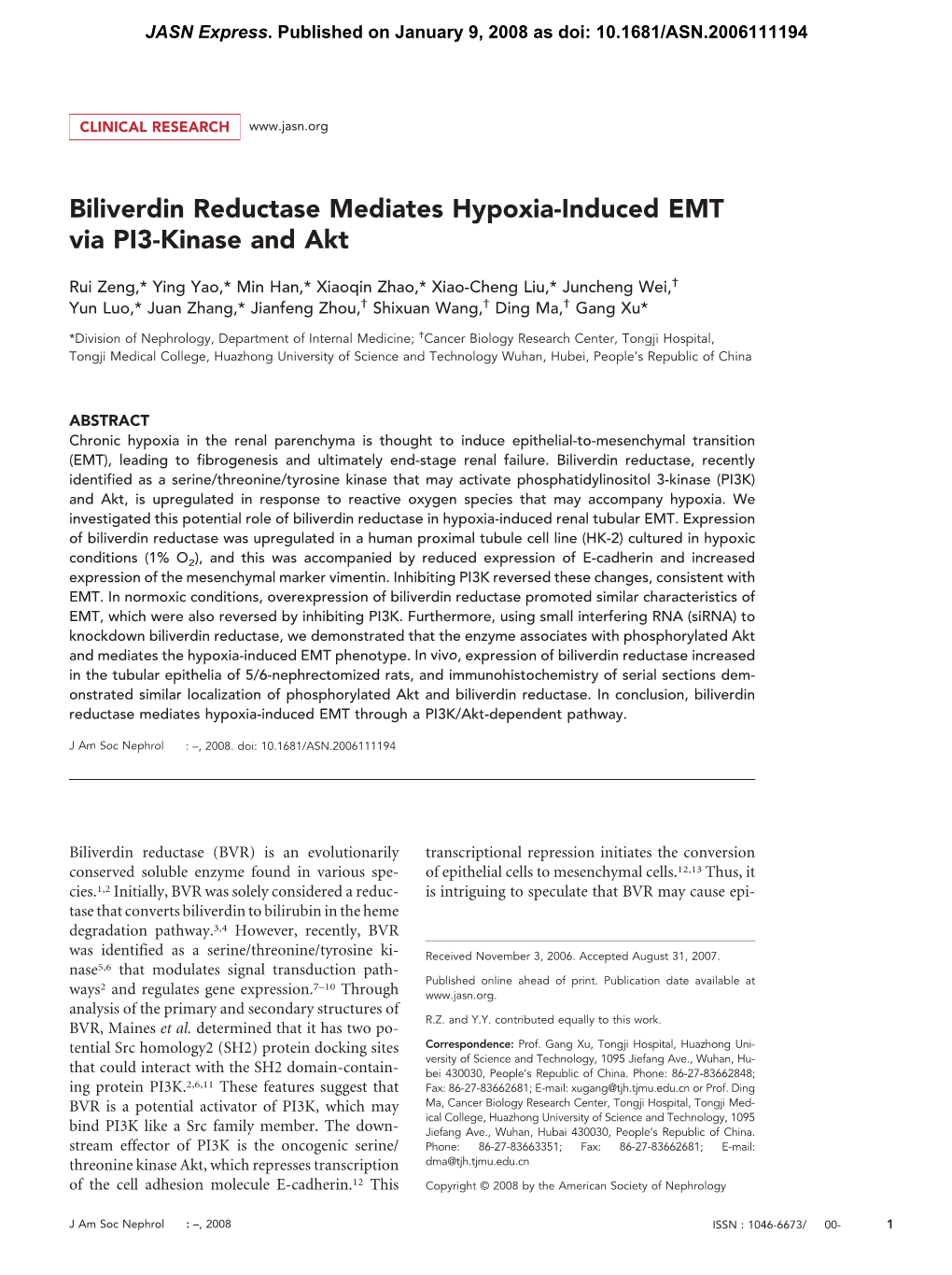 Biliverdin Reductase Mediates Hypoxia-Induced EMT Via PI3-Kinase and Akt
