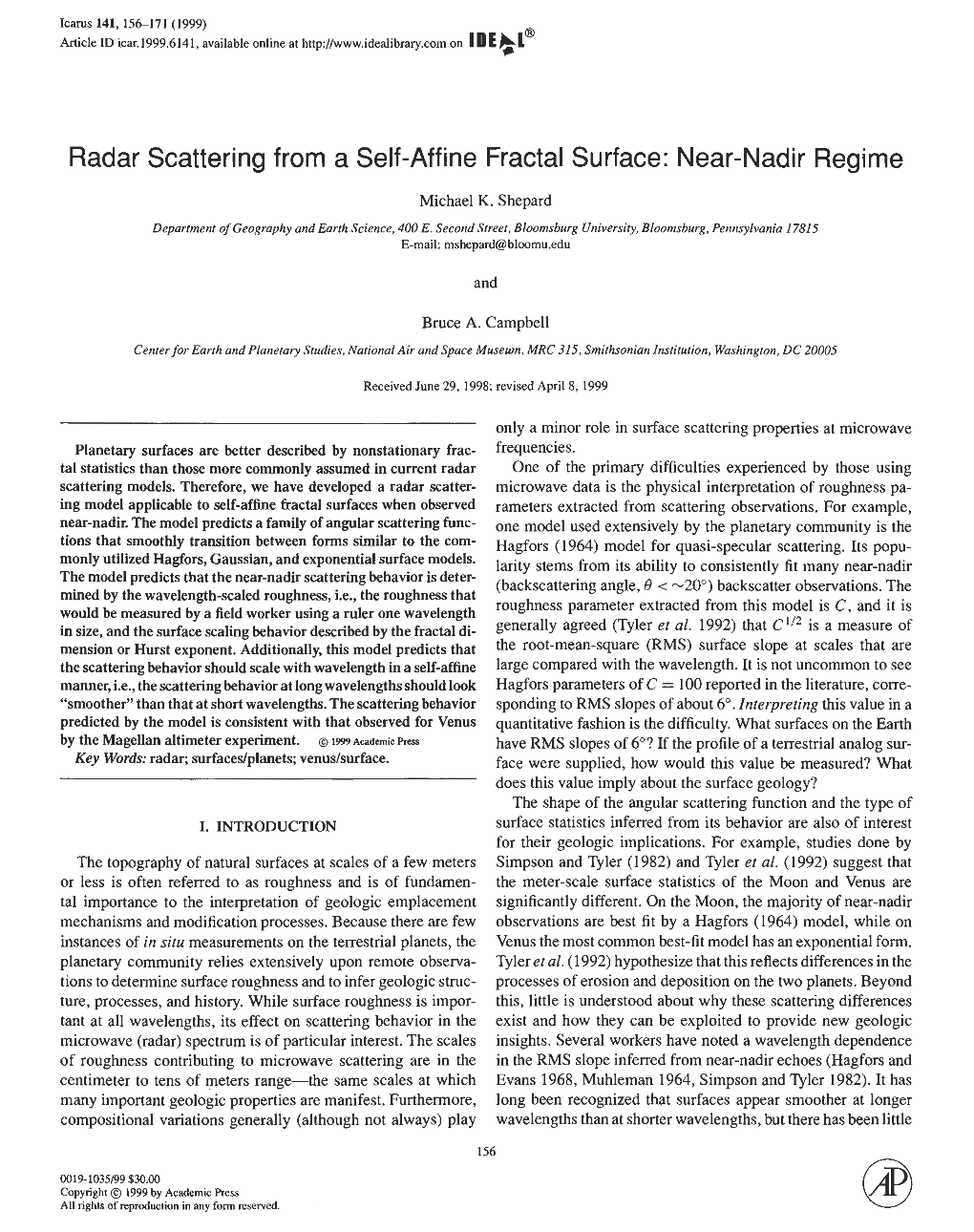 Radar Scattering from a Self-Aff Ine Fractal Surface: Near-Nadir Regime