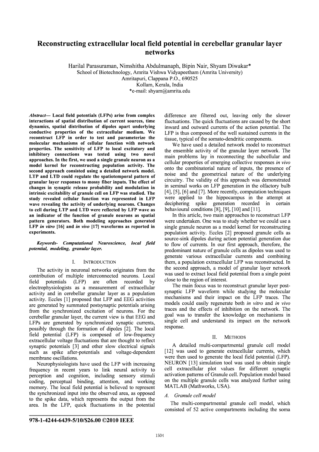 Reconstructing Extracellular Local Field Potential in Cerebellar Granular Layer Networks