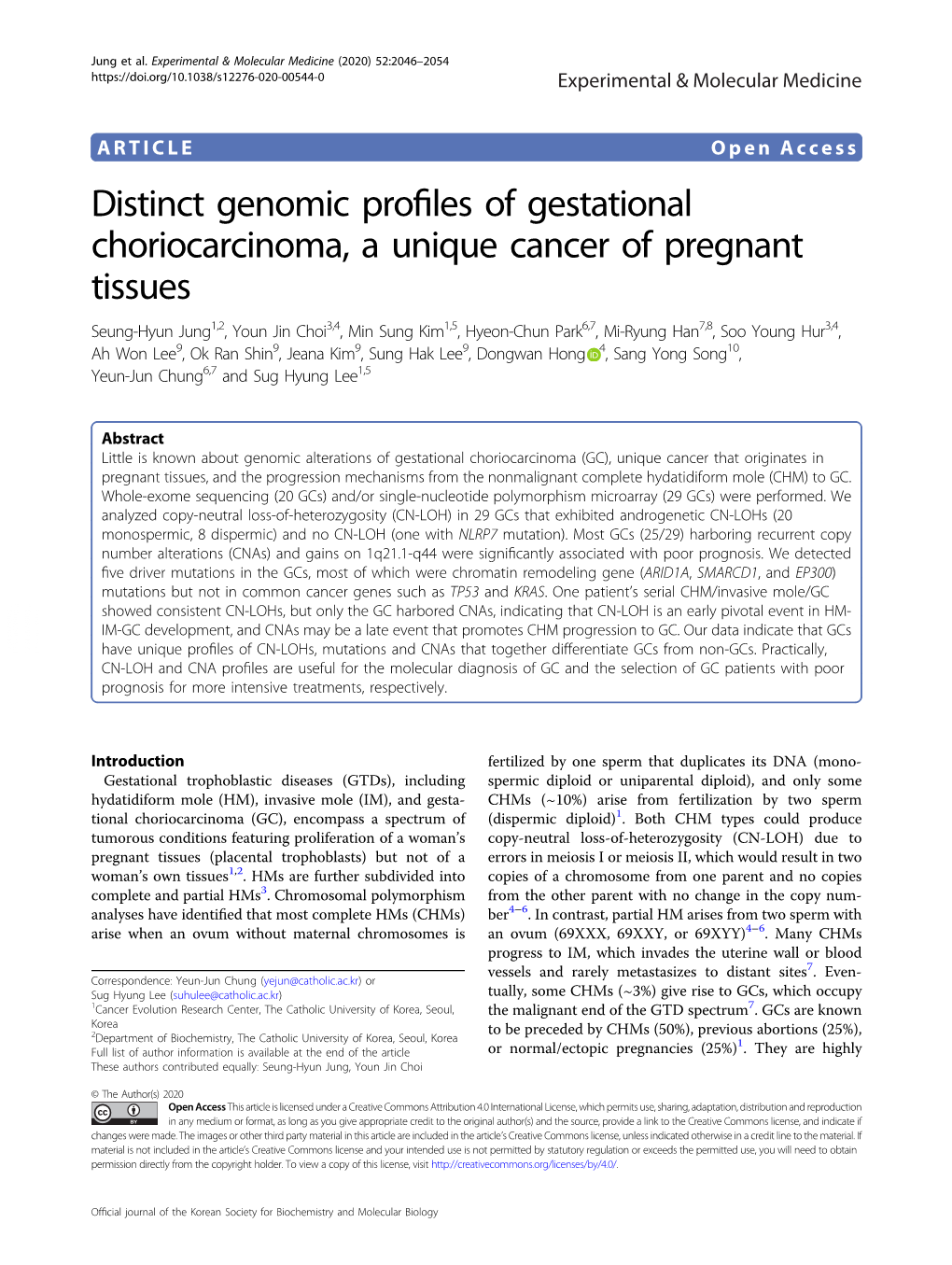Distinct Genomic Profiles of Gestational Choriocarcinoma, a Unique Cancer
