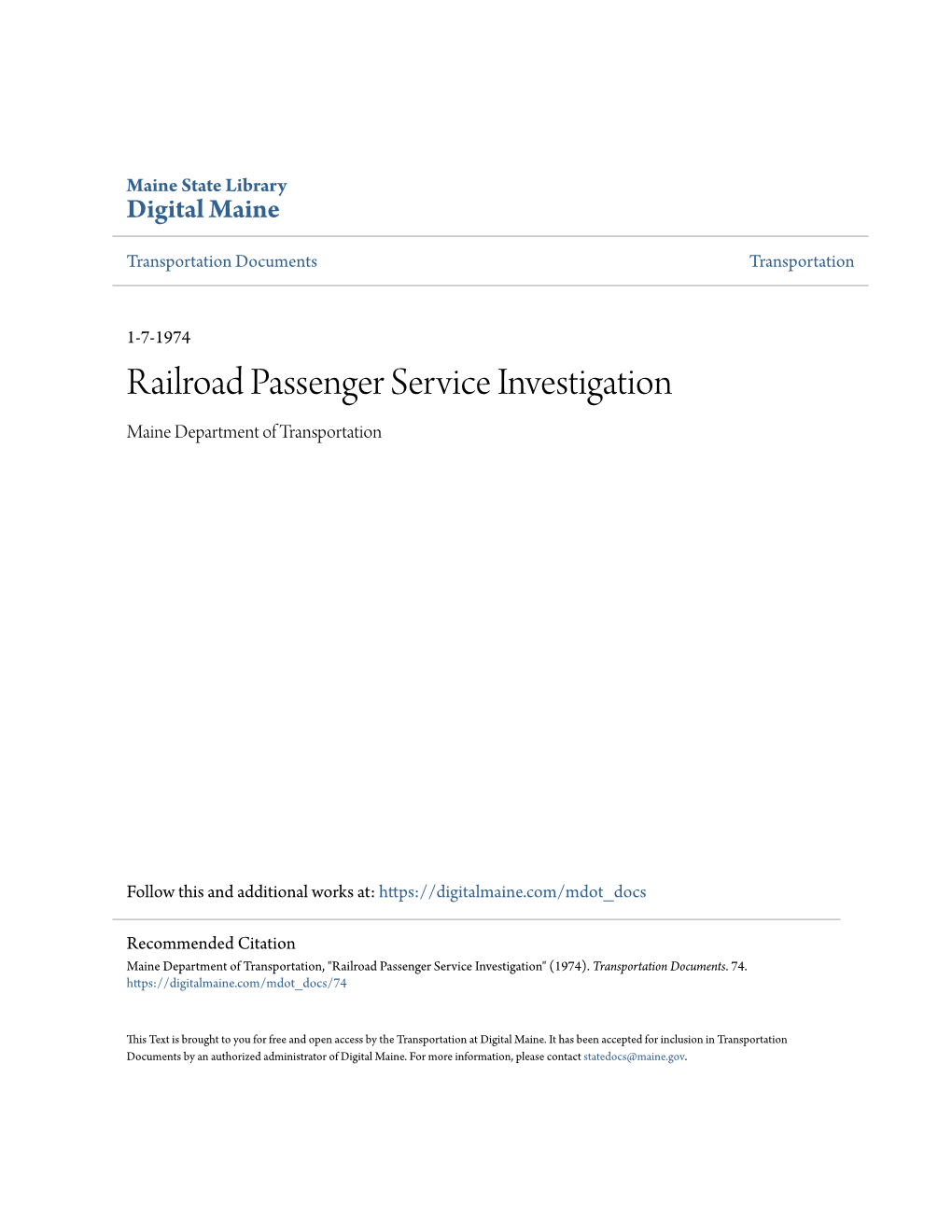 Railroad Passenger Service Investigation Maine Department of Transportation