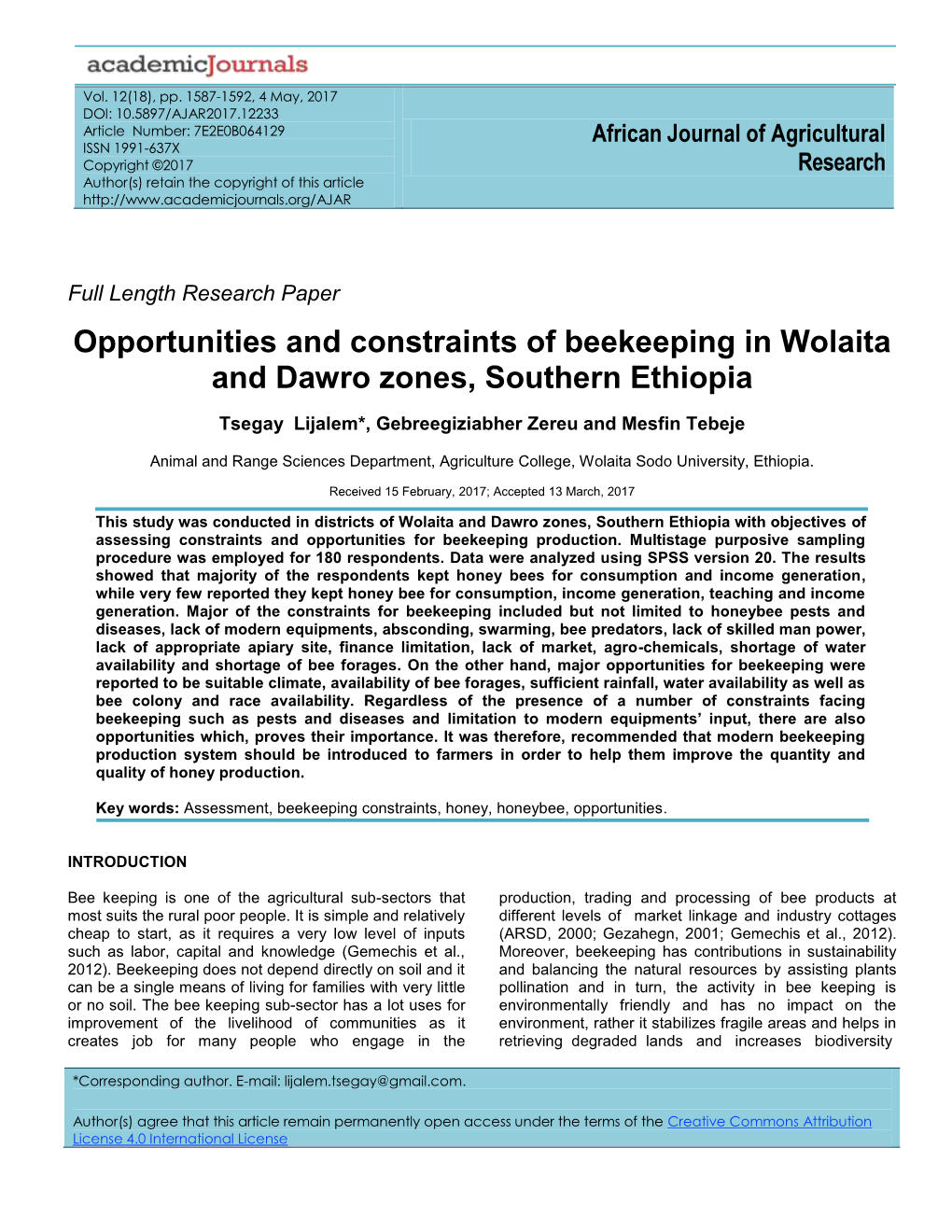 Opportunities and Constraints of Beekeeping in Wolaita and Dawro Zones, Southern Ethiopia