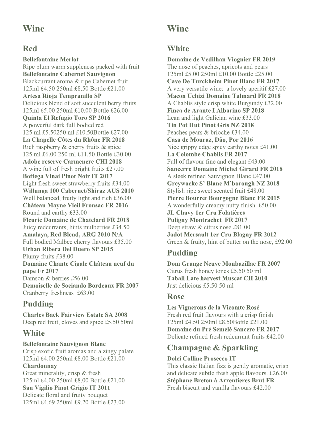 Drinks & Wine List