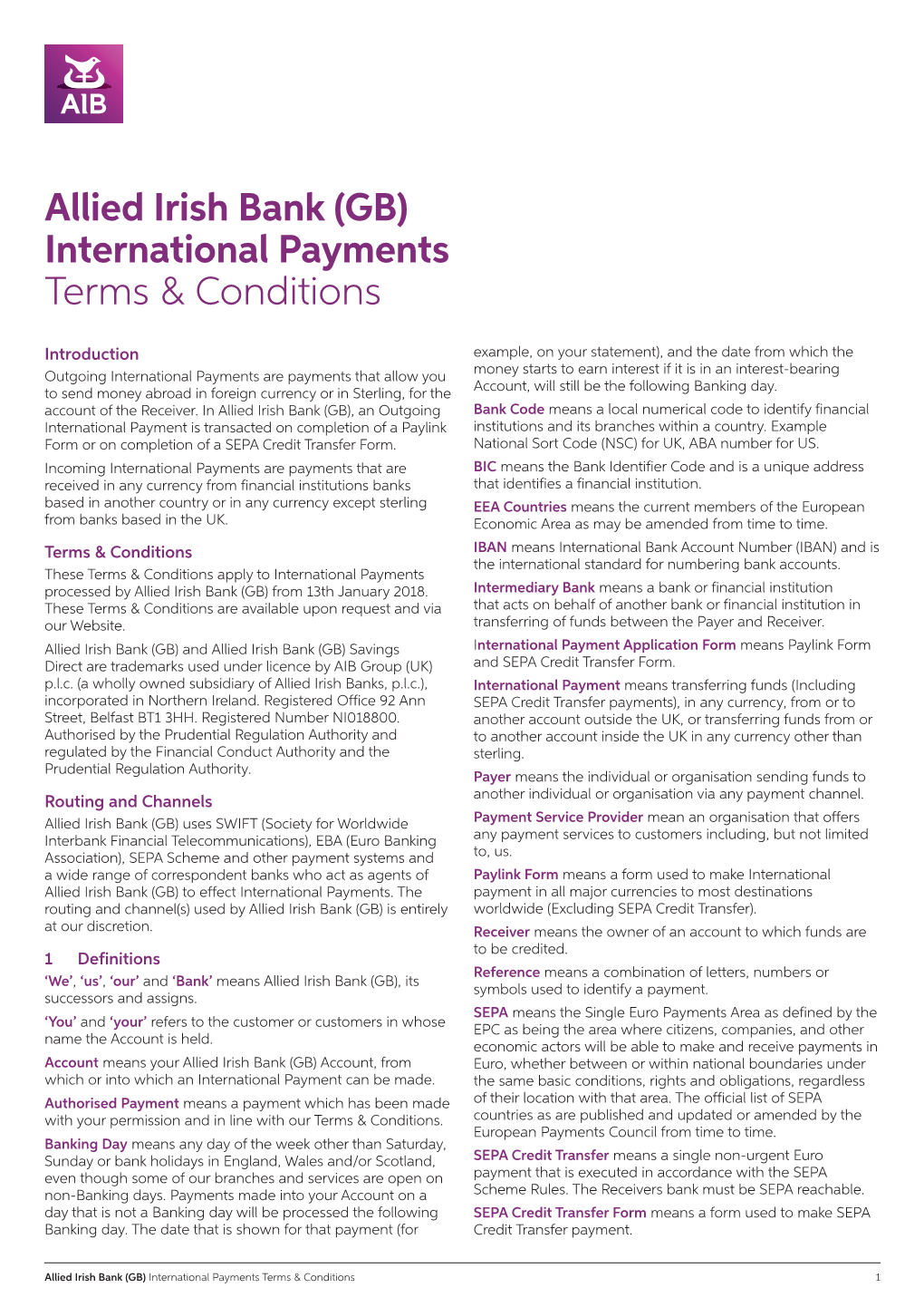 Allied Irish Bank (GB) International Payments Terms & Conditions