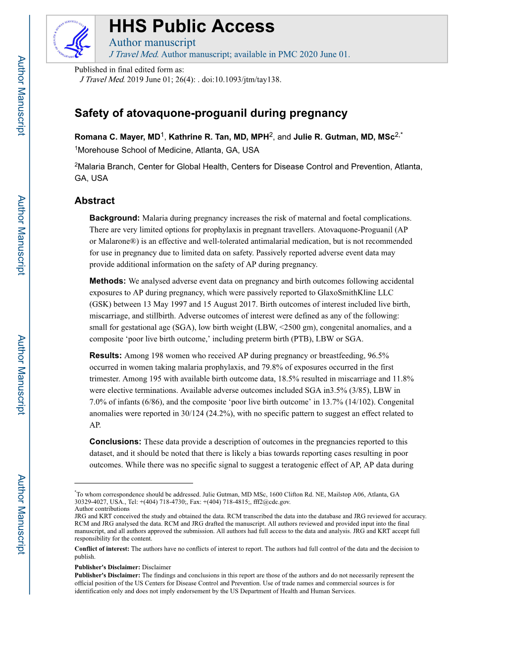 Safety of Atovaquone-Proguanil During Pregnancy