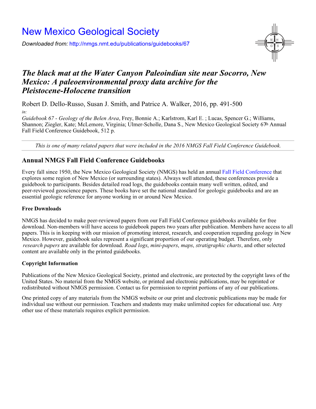 The Black Mat at the Water Canyon Paleoindian Site Near Socorro, New Mexico: a Paleoenvironmental Proxy Data Archive for the Pleistocene-Holocene Transition Robert D