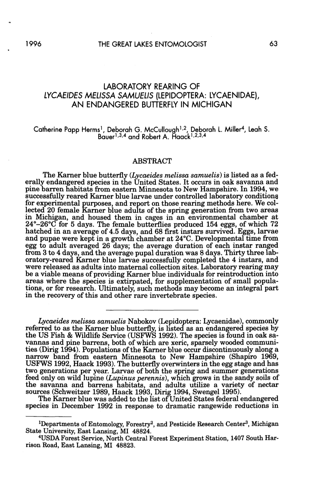 LABORATORY REARING of LYCAEIDES MELISSA SAMUEL6 (LEPIDOPTERA: LYCAE NIDAE), an ENDANGERED Bullerfly in MICHIGAN