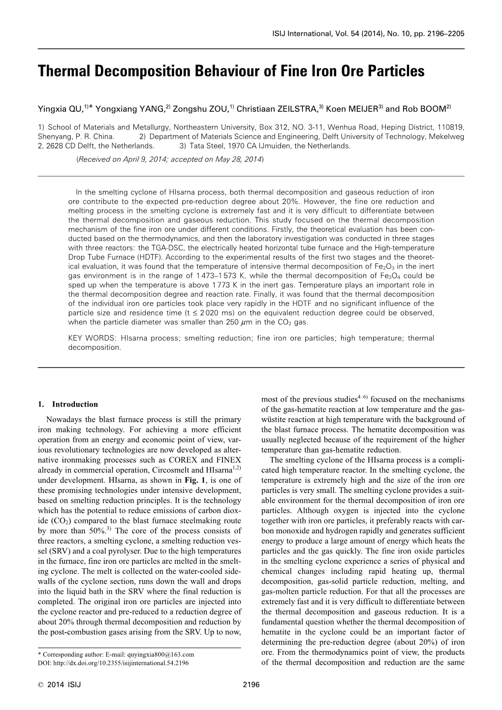 Thermal Decomposition Behaviour of Fine Iron Ore Particles