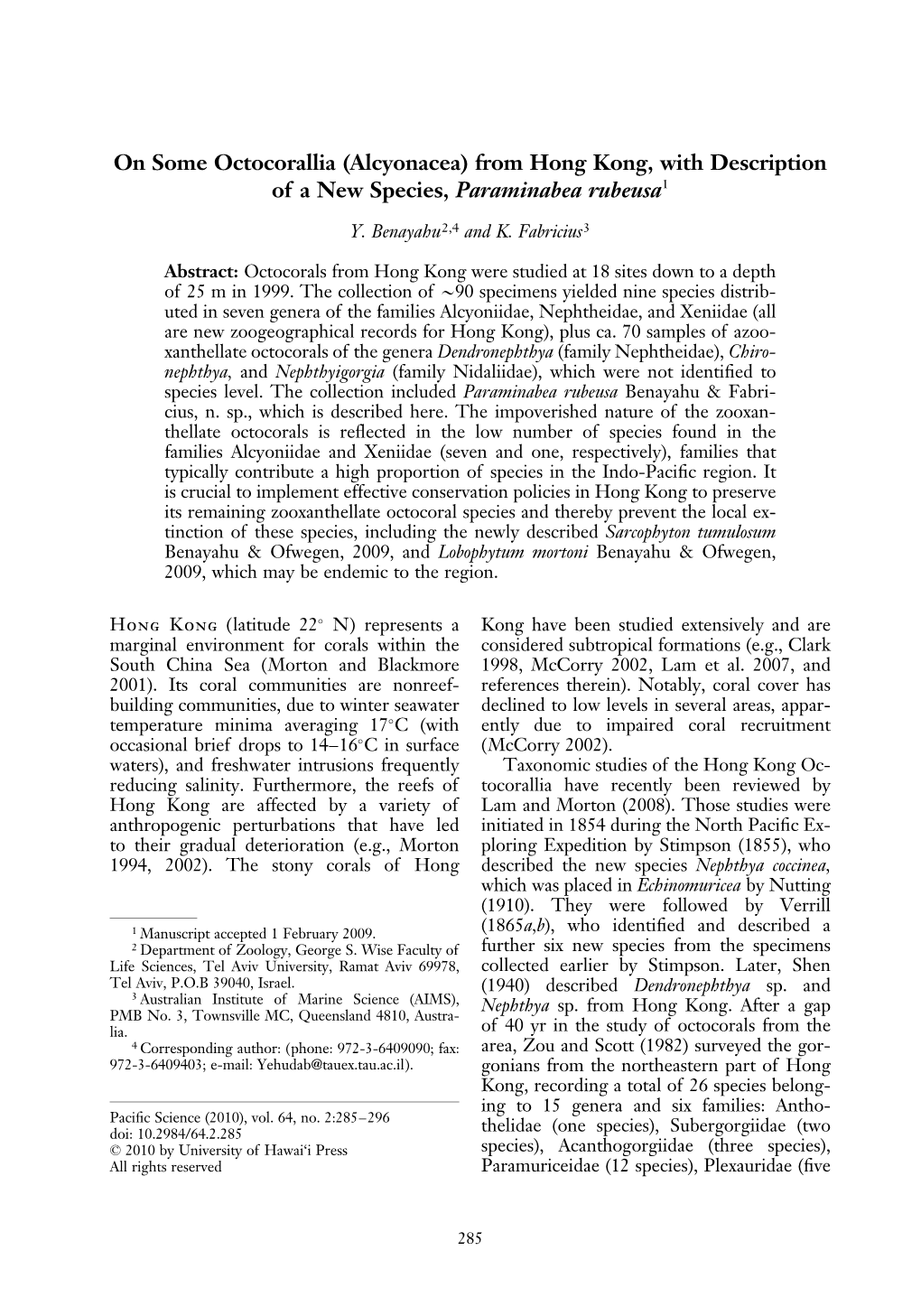 On Some Octocorallia (Alcyonacea) from Hong Kong, with Description of a New Species, Paraminabea Rubeusa1