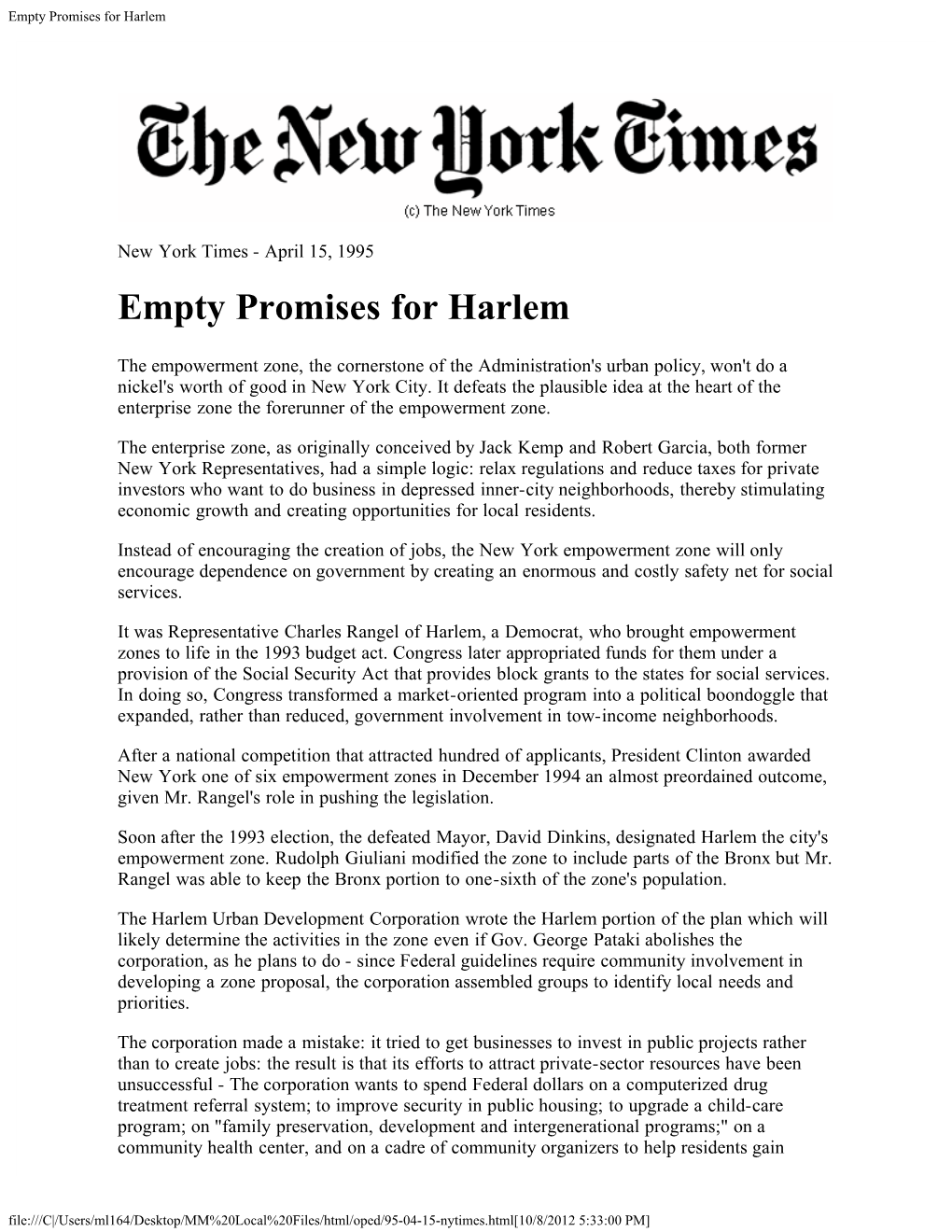 Empty Promises for Harlem