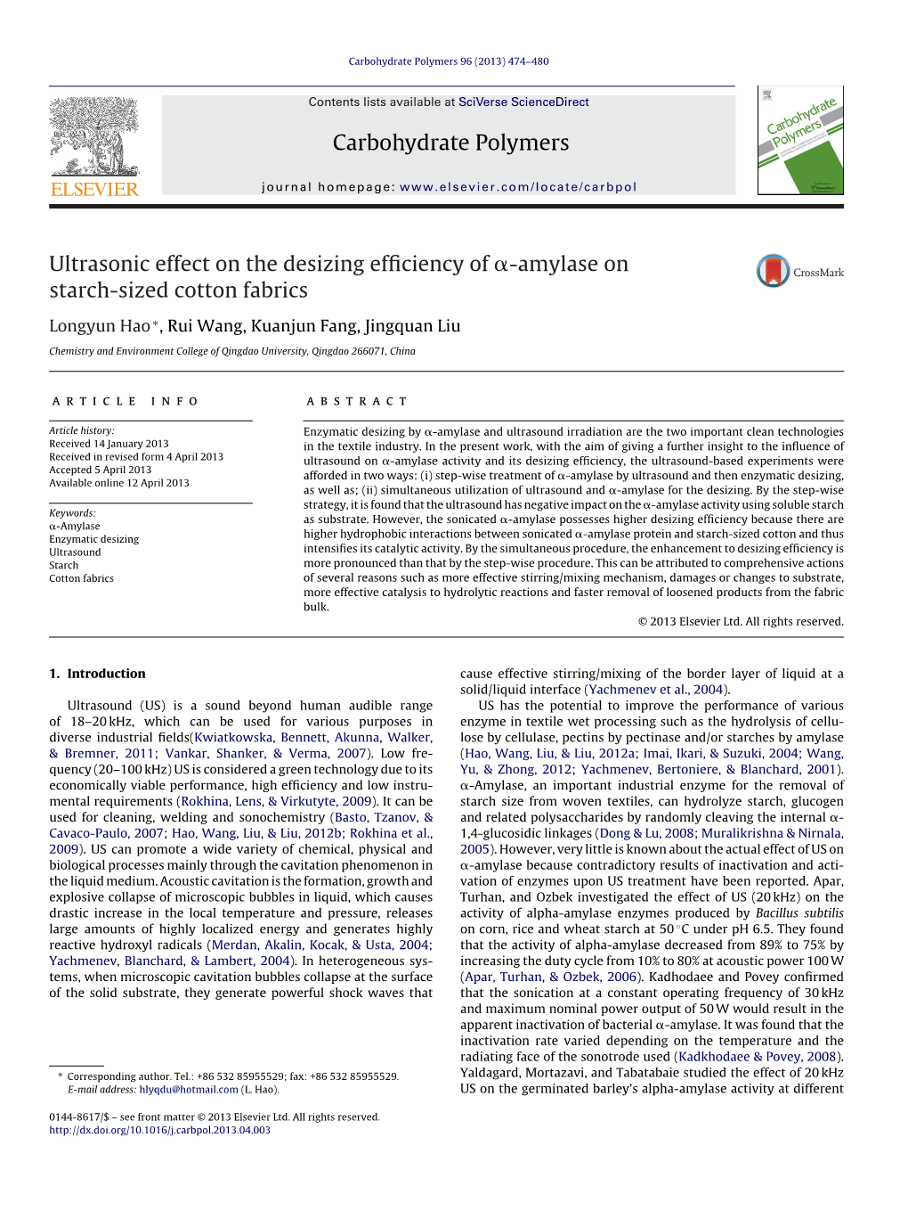 Ultrasonic Effect on the Desizing Efficiency of Α-Amylase on Starch