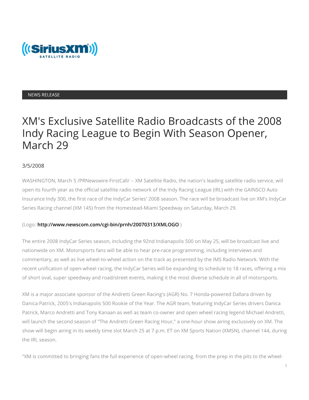 XM's Exclusive Satellite Radio Broadcasts of the 2008 Indy Racing League to Begin with Season Opener, March 29