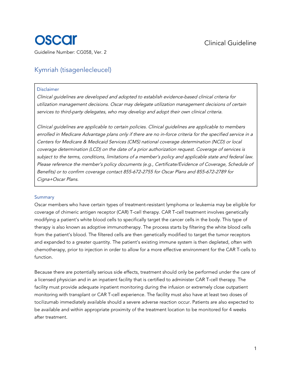 ​Clinical Guideline Kymriah (Tisagenlecleucel)