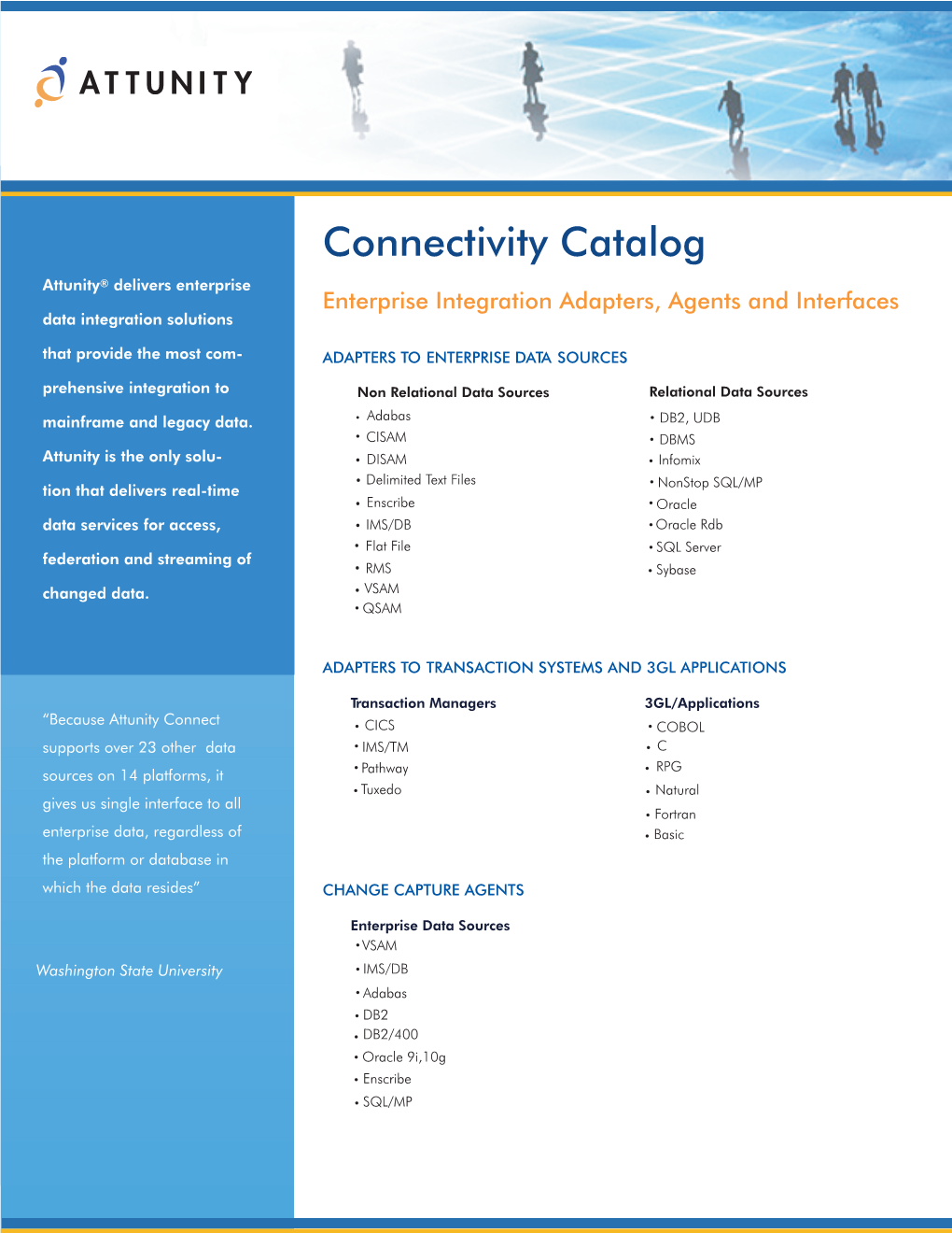 Connectivity Catalog Attunity® Delivers Enterprise Enterprise Integration Adapters, Agents and Interfaces Data Integration Solutions