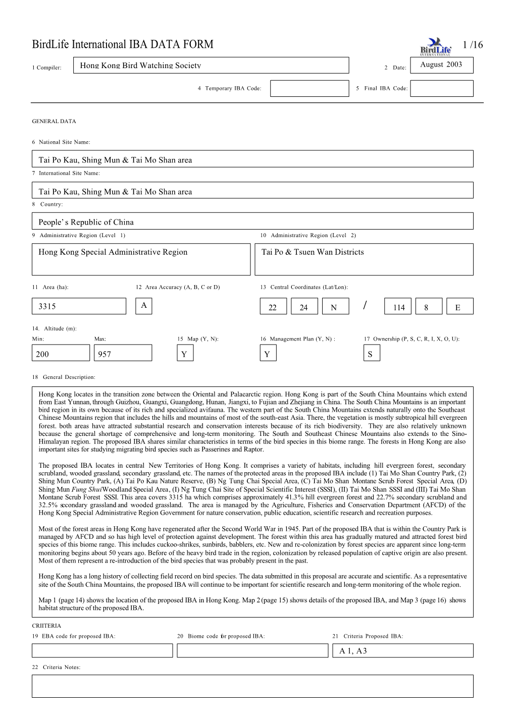 Birdlife International IBA DATA FORM 1 /16